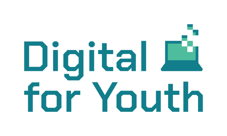 Logo van Digital for Youth met een lichtblauw computerpictogram en tekst in donkerblauw en zwart
