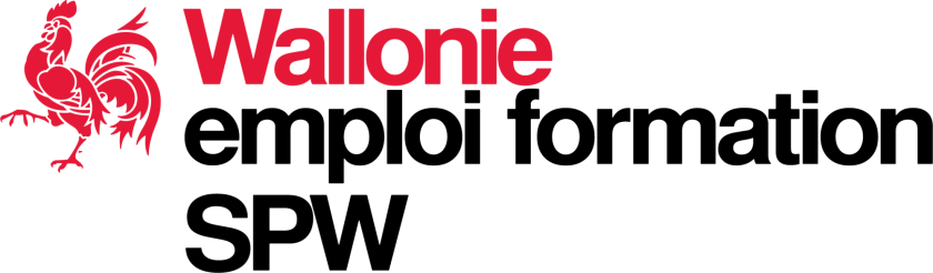 Logo van Wallonië met een gestileerde rode haan links gevolgd door het woord 'Wallonië' in rode letters