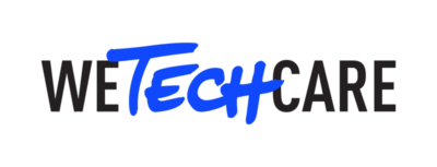 Logo van 'WeTechCare' geschreven in blauwe en zwarte cursieve letters