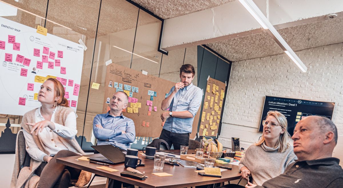 Een team van professionals in een vergadering in een brainstormruimte met gekleurde post-its op een whiteboard