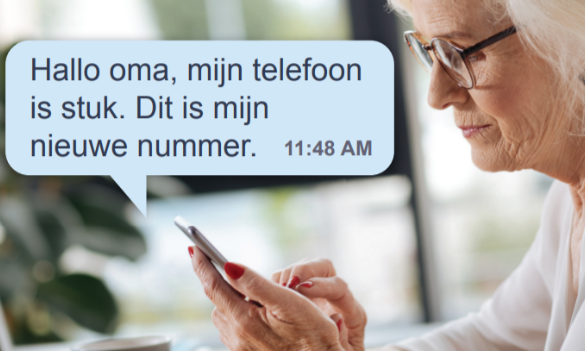 Een oudere vrouw die een smartphone gebruikt met een tekstbericht dat zegt 'Hallo oma, mijn telefoon is stuk. Dit is mijn nieuwe nummer. 11:48 AM'