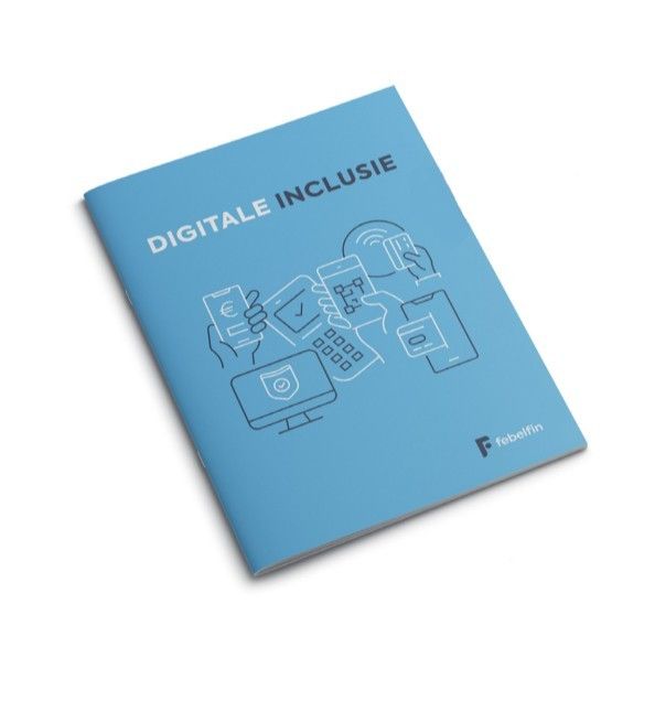 Omslag van een rapport met de titel 'Digitale Inclusie' met illustraties van handen die verschillende elektronische apparaten vasthouden, zoals smartphones, een tablet, een smartwatch en een computerscherm, tegen een blauwe achtergrond.